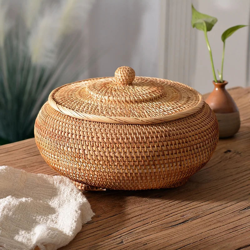Food Storage With Dividers - Handwoven Rattan Storage Box With Lid